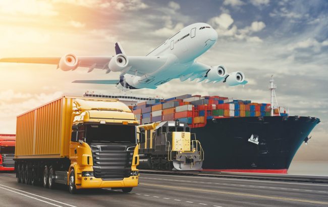 Realistic 3D rendering of global logistics featuring a cargo ship, airplane, train, and truck in a transportation hub. Ideal for international shipping and logistics-themed illustrations.